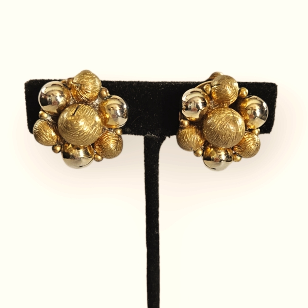 Vintage Lisner Brushed Gold Beaded Clip On Statement Earrings